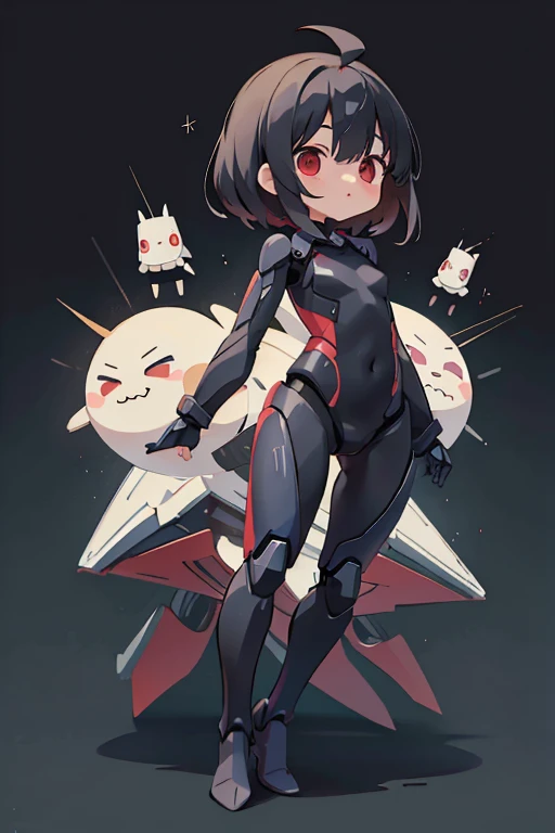 Primary school students ,Young Girl,,Height: 130cm,Character portrait,Simple design,Black hair okata,Hair is black,Red eyes,Shoulder Bare,Ahoge,Kokeshi,Deformation,Mini character,Confused eyes,Pitch Resuit,Perfect Suit,Perfect costume,Yoga Suit,Robot Joint , Robot shoulder,Plug Suit,Spacesuit,Full body illustration