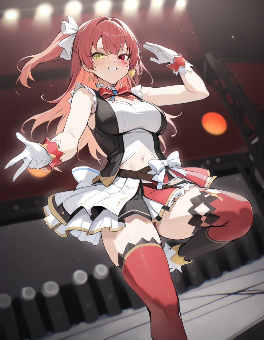 2d, masterpiece, best quality, anime, highly detailed, full body, 1girl, solo, marine_idol, ho****ve idol uniform, white bow, white gloves, red ribbon, red bowtie, layered skirt, navel cutout, mismatched legwear, red thighhighs, black thighhighs, heterochromia, red eyes, yellow eyes, BREAK stage, red lights, dynamic pose, smile
