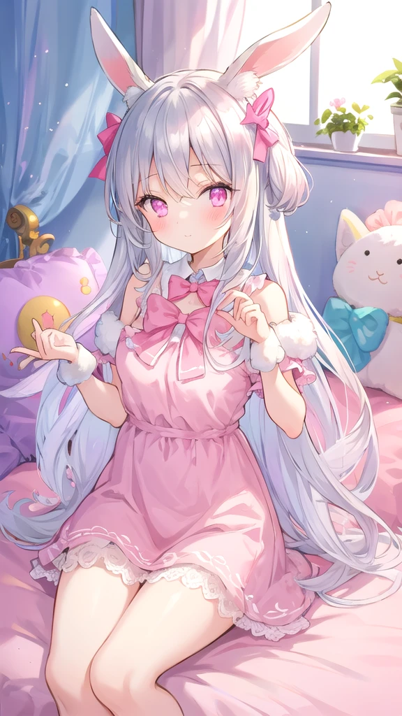 beautiful illustration, best quality, cute girl, bedroom, pastel color, fluffy bunny ears, , silver long hair, rabbit stuffed toy, bright lighting, light pink eyes