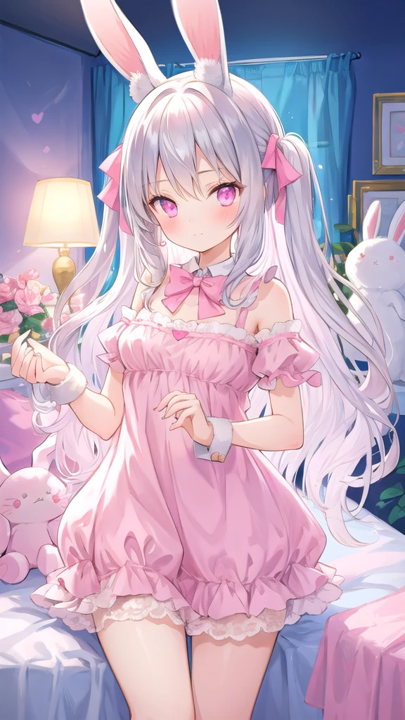 beautiful illustration, best quality, cute girl, bedroom, pastel color, fluffy bunny ears, , silver long hair, rabbit stuffed toy, bright lighting, light pink eyes