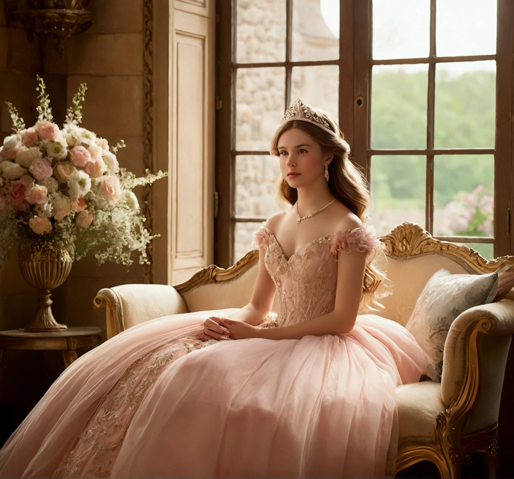 a princess in a warm, fairytale-like castle setting. She should have youthful features and be dressed in a frilly pastel gown. The setting should be a cozy room with a large window revealing a garden bathed in the golden glow of sunset, filled with plush furnishings and little elements like twinkle lights and soft cushions. The entire scene should evoke a sense of comfort, innocence, and beauty with a soft, warm color palette