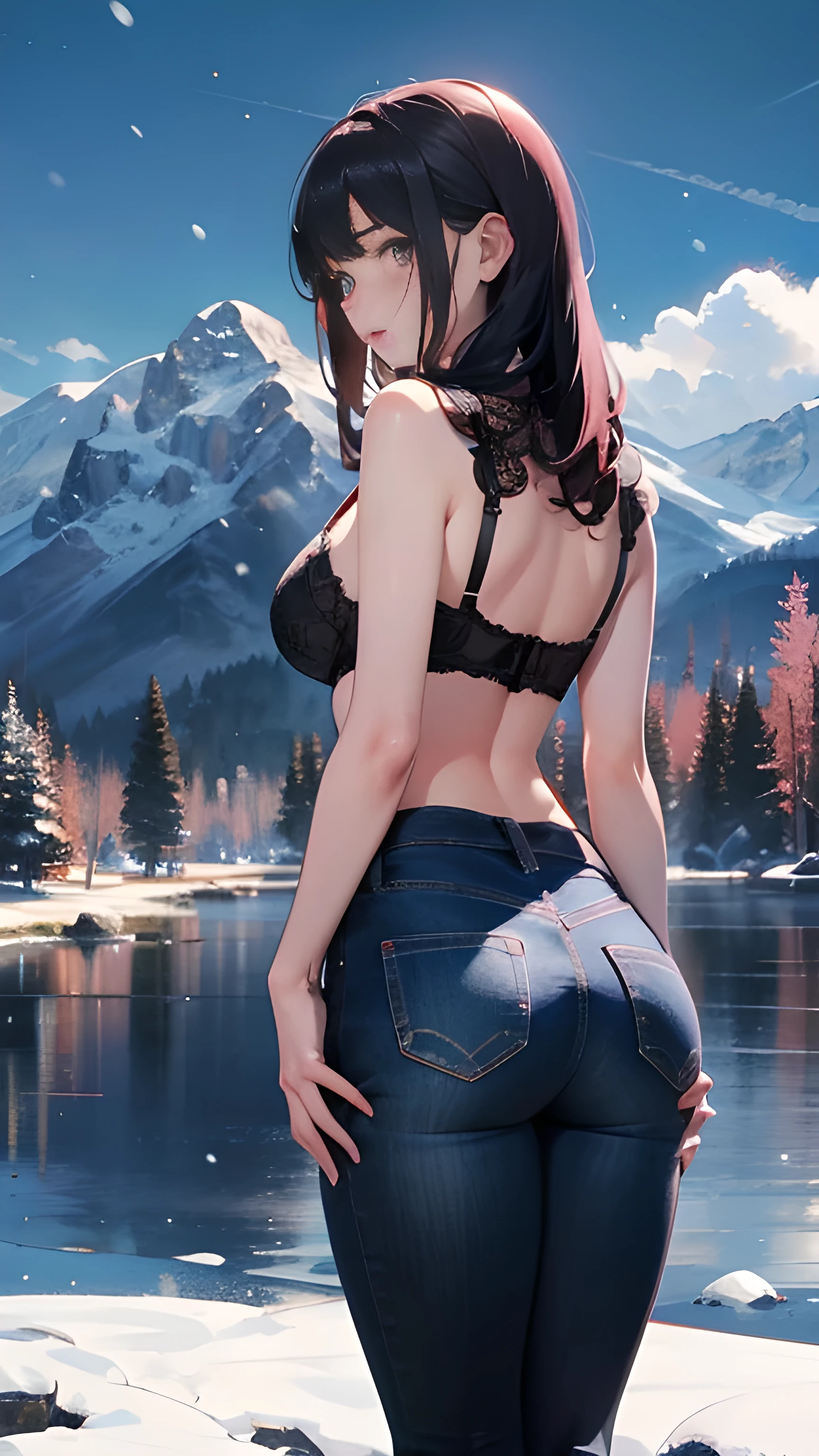 (Raw photo:1.2), (Photorealistic), Beautiful detailed girl, Very detailed eyes and face, Beautiful detailed eyes, Huge file size, High resolution, Very detailed, Best Quality, [masterpiece:1.6], Illustration, Very detailed, Fine detail, Best Quality, 32K Wallpaper, intricate details, nighttime, in the mountains, stary sky, huge bonfire, beautiful girl, short height, messy hair, medium breast, low cut lace tanga and bra, full body photo, back view