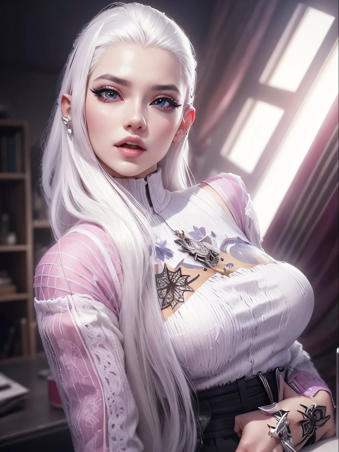 aVATAR SECOND LIFE Korean girl wearing pink blouse, White hair, White hair, White hair, Asian, Perfect and detailed face, imvu, maximalist details, AVATAR SECOND LIFE Korean blusa , neon