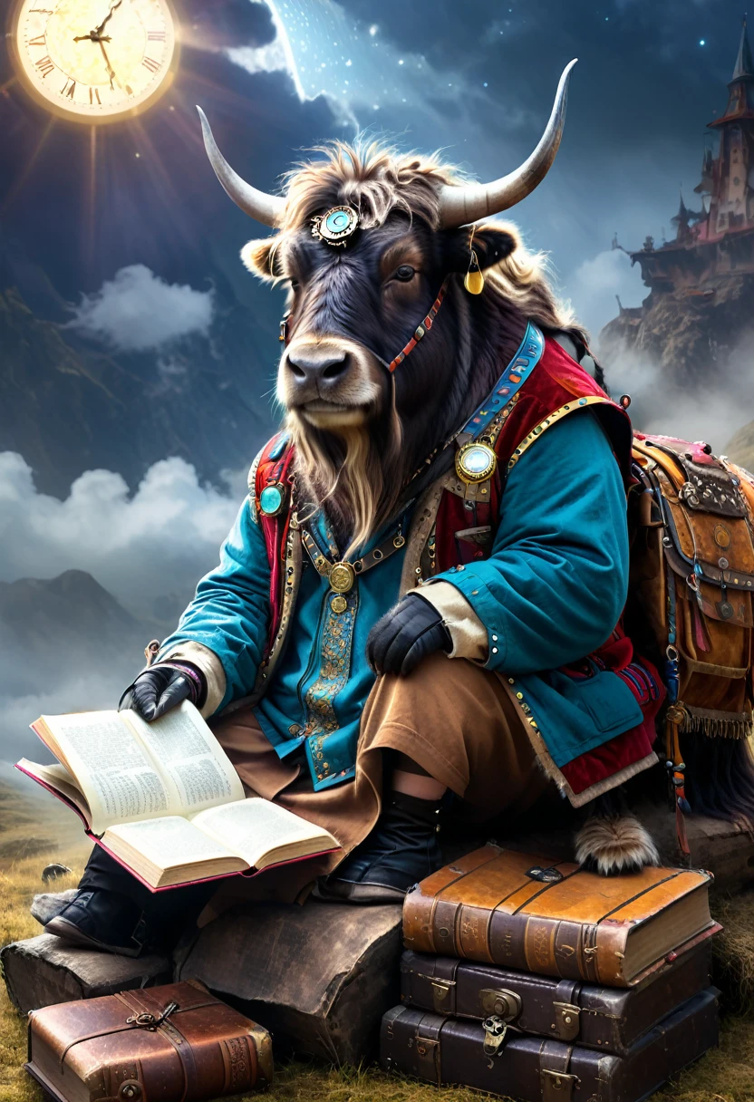 realistic stock photo , An atmospheric concept art of a talented yak reading in a charming universe, noon. Spotlighting. Clockpunk.