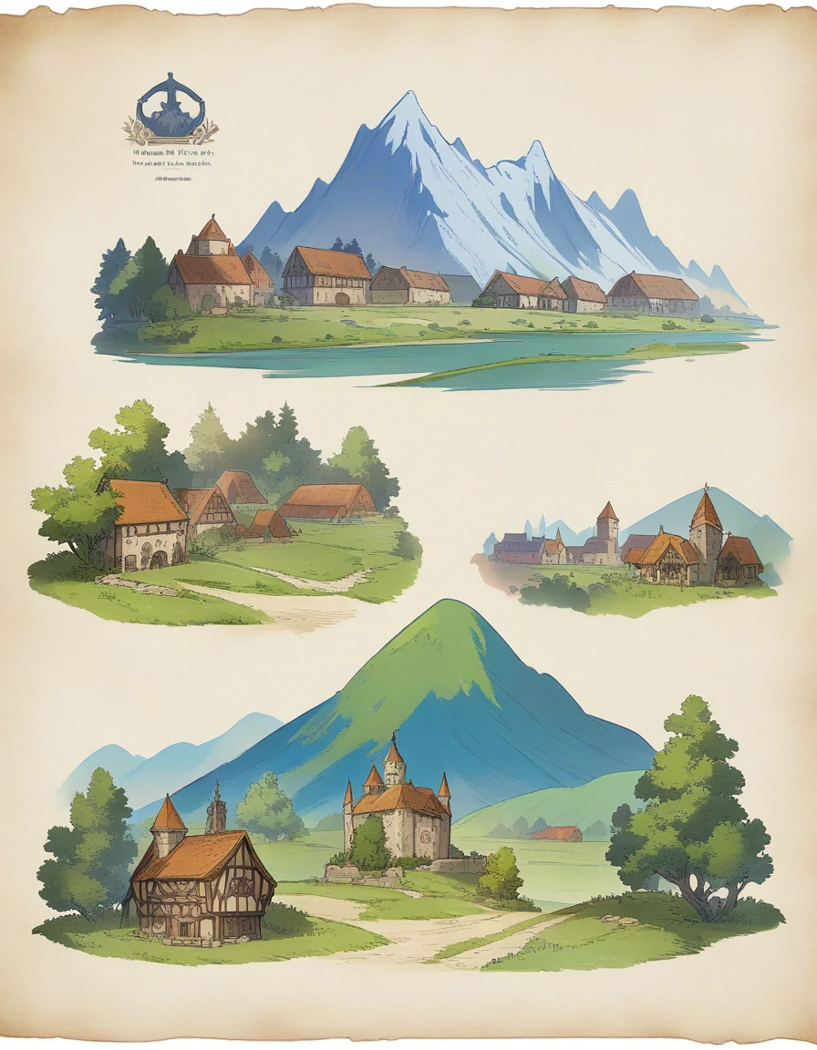 absurderes, background material, concept art, antique, anime, colorful, high quality, medieval fantasy, grassy plains, village with mountains in the grey background, high quality