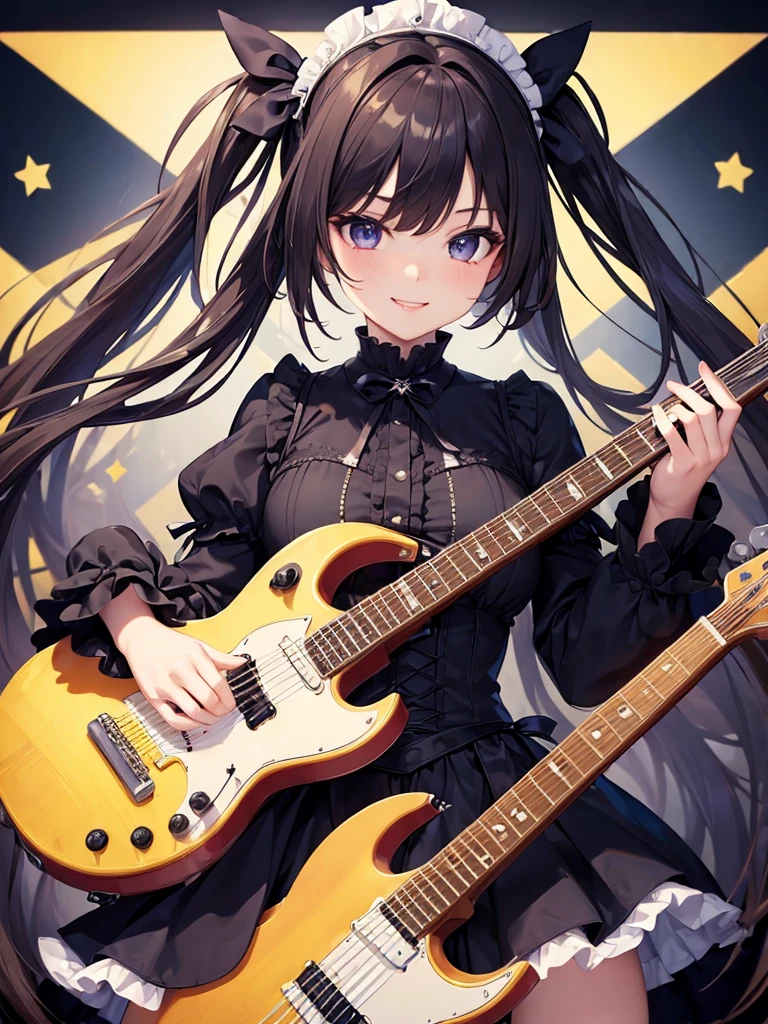 (masterpiece:1.5),(Beat quality),(high res),1girl solo,beautiful face,smile(shining eyes),upper body,light effects,Goth Lolita Woman,Electric guitar