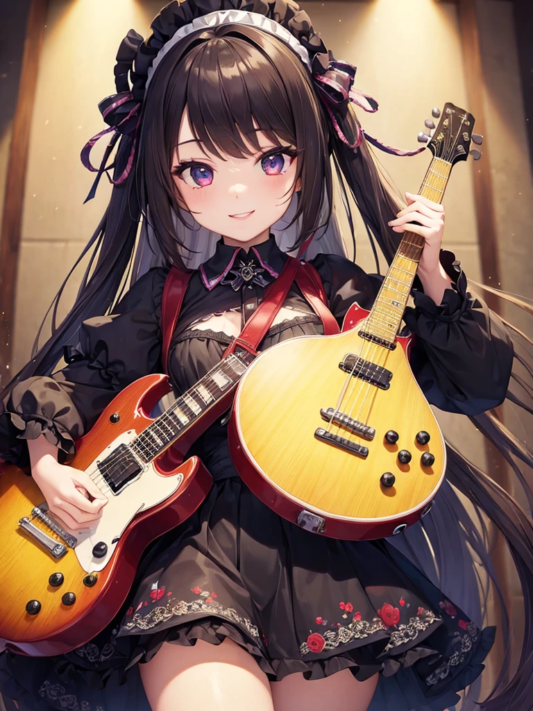 (masterpiece:1.5),(Beat quality),(high res),1girl solo,beautiful face,smile(shining eyes),upper body,light effects,Goth ta Woman,Electric guitar