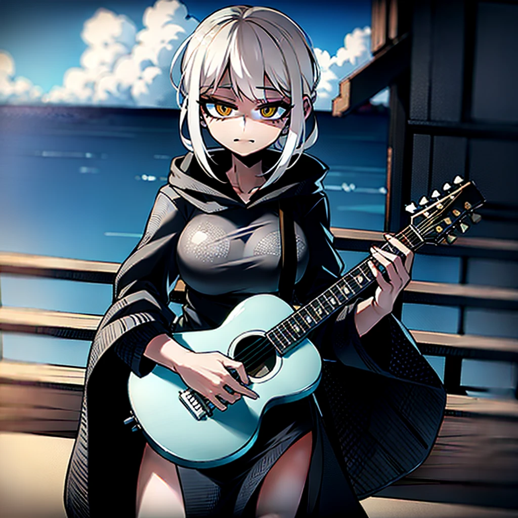 dusk,White hair girl,Wearing a black shirt,The hood covered her face,One hand holding a guitar,Facing the sea。