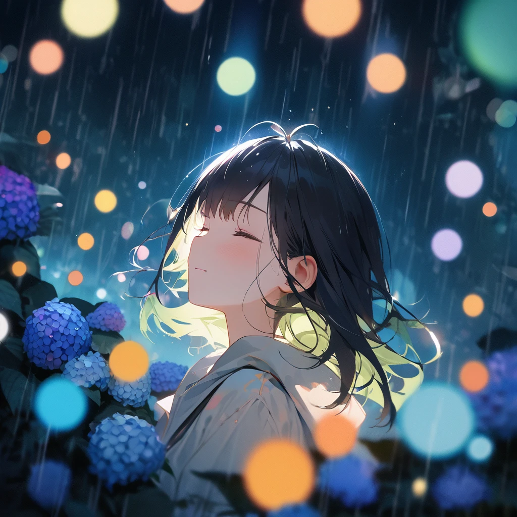 (masterpiece, photo_real, octane-render):1.4, (blue_theme, background rain scene, Tokyo_station),  ice_photography, double exposure prism), (sharp sketch,watercolor painting,aesthetic art, pale tone):1.2, portrait of a girl's ennui face, starlystarscloud with star lights, SIGMA 24 mm F/1.4 ice camera photography, double exposure prism, Strobe ripple effect blur, BREAK, 1 girl, right front leg Cat_punch:1.21, (detailed green eyes, jet-black hair,colored inner green ombre hair multicolored hair,antenna hair):1.21, pompous pose:1.33, (ennui, sadness, emphasis of facial expressions), in rain coat, 1girl, looking up, put the hands up, black_hair, closed_eyes, serene_smile, long_hair, (hydrangea silhouette in Water droplets), bokeh, kaleidoscope, bubbles, rain, shadow, serene, peaceful, lyrics, song, theme: dreams, theme: illusions, (desaturated colors:1.2),
in the style of watercolor painting with simple lines, flat colors, hold Fluorite Water droplets, minimalist, 
The image features a single black-haired girl. She has long hair and is closing her eyes with a serene smile. Surrounding her are dreamlike elements like hydrangeas, bokeh lights resembling bubbles, kaleidoscope patterns bubbles, rain, and shadows. The overall atmosphere is peaceful and serene with slightly desaturated colors, reflecting the song's message of finding peace by ignoring others' judgments and living at your own pace. subjective_perspective, light-shadow_symmetry, ethereal_lighting, shadows, ray_tracing, (bokeh, round_bokeh, back_lighting):1.21, 