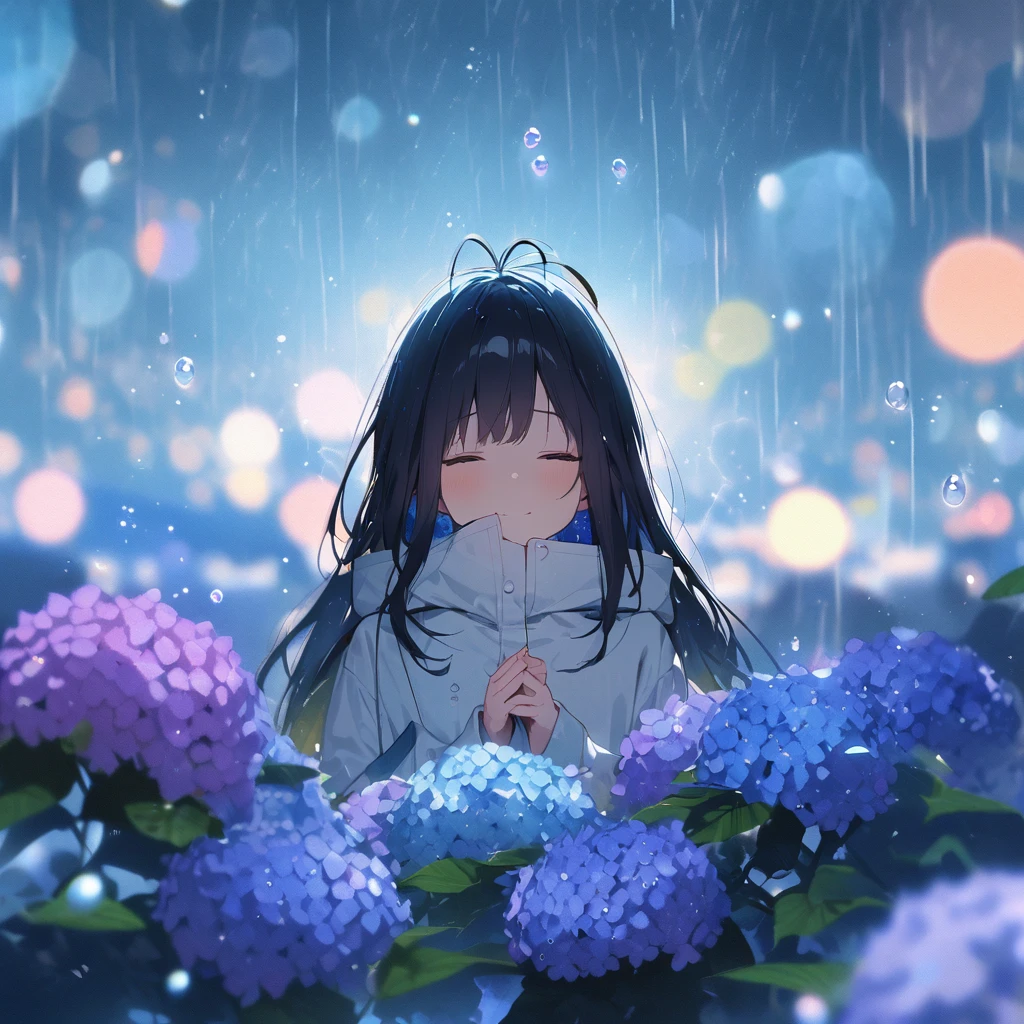 (masterpiece, photo_real, octane-render):1.4, (blue_theme, background rain scene, Tokyo_station),  ice_photography, double exposure prism), (sharp sketch,watercolor painting,aesthetic art, pale tone):1.2, portrait of a girl's ennui face, starlystarscloud with star lights, SIGMA 24 mm F/1.4 ice camera photography, double exposure prism, Strobe ripple effect blur, BREAK, 1 girl, right front leg Cat_punch:1.21, (detailed green eyes, jet-black hair,colored inner green ombre hair multicolored hair,antenna hair):1.21, pompous pose:1.33, (ennui, sadness, emphasis of facial expressions), in rain coat, 1girl, looking up, put the hands up, black_hair, closed_eyes, serene_smile, long_hair, (hydrangea silhouette in Water droplets), bokeh, kaleidoscope, bubbles, rain, shadow, serene, peaceful, lyrics, song, theme: dreams, theme: illusions, (desaturated colors:1.2),
in the style of watercolor painting with simple lines, flat colors, hold Fluorite Water droplets, minimalist, 
The image features a single black-haired girl. She has long hair and is closing her eyes with a serene smile. Surrounding her are dreamlike elements like hydrangeas, bokeh lights resembling bubbles, kaleidoscope patterns bubbles, rain, and shadows. The overall atmosphere is peaceful and serene with slightly desaturated colors, reflecting the song's message of finding peace by ignoring others' judgments and living at your own pace. subjective_perspective, light-shadow_symmetry, ethereal_lighting, shadows, ray_tracing, (bokeh, round_bokeh, back_lighting):1.21, 