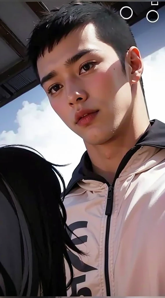 mexican look guy with dark eybrows and sharp eyes and dark hair look down to a girl