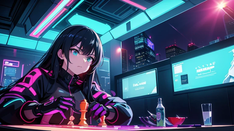 masterpiece,best quality,super detailed illustration, high definition, dynamic angles, beautiful details, 8K, summer night BREAK In a cyberpunk world of glowing neon lights and futuristic buildings, two BREAKs are playing chess: one is a man with a serious expression and a hint of sweat on his face. The other is a female android with a cool demeanor.