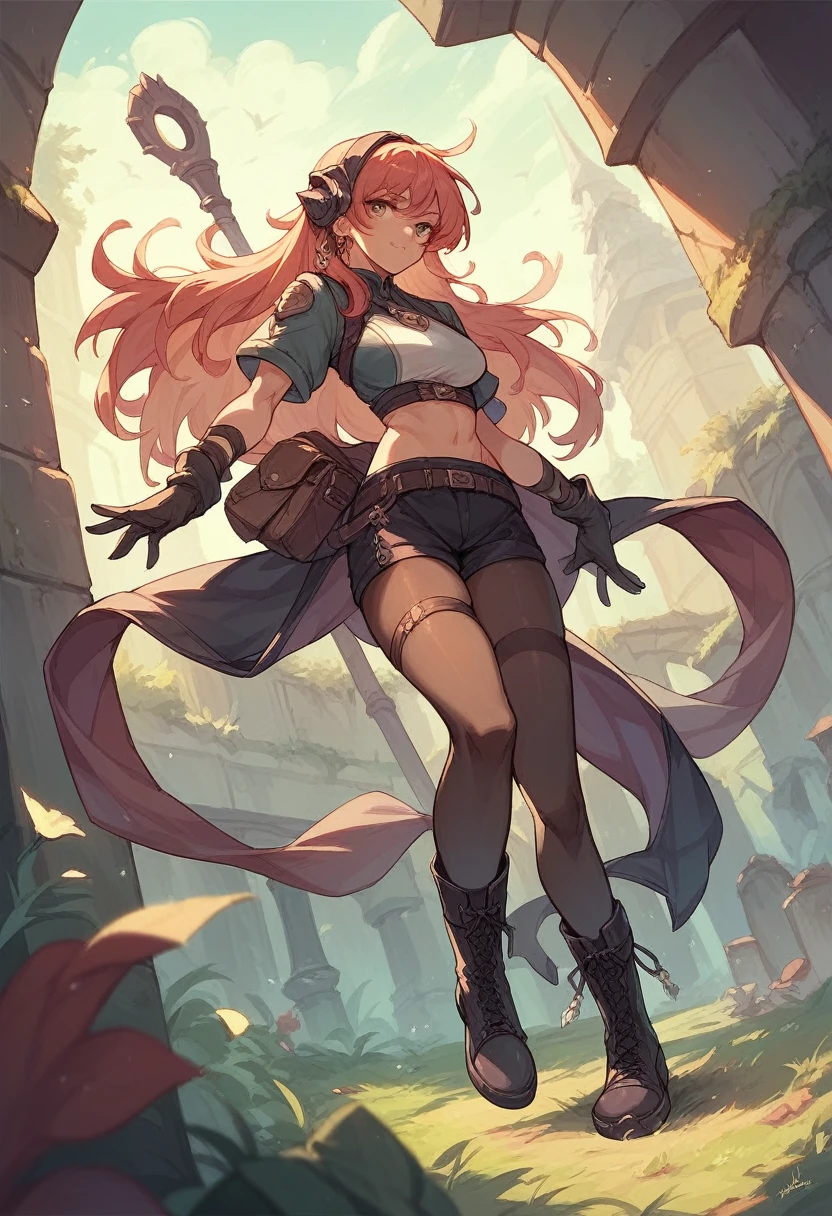 (masterpiece - artwork - detailed - best quality)) - anime style - genshin impact style, female - full body - elf - elven princess - brown hair - long hair - hime cut - blue eyes - weapon - bow - hand - medium breasts - green elf outfit - pink skirt - tight white panties - exposed - legs apart - pink tight thigh high stockings - thigh highs - heeled shoes - elf shoe - forest - standing - dynamic pose, road stone - fence - stone - broken