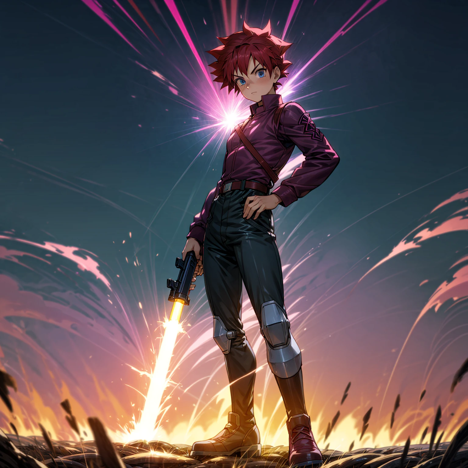 1boy, muscle, Full body version, 1character, blue eyes, short haircut, magenta color hair, Farmer style outfit, Boots, Grassroots, full background in field, motion blur, lighting, (Hunter x Hunter style art), big shotgun in hand, big weapon in hand, robot Shield in hand, smoke effect, fire effect, lighting on gun, plasma effect,