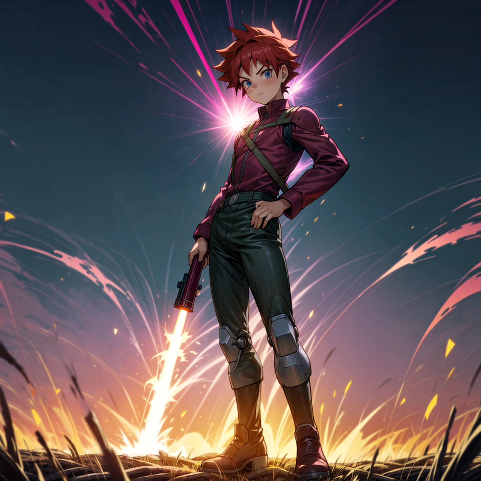 1boy, muscle, Full body version, 1character, blue eyes, short haircut, magenta color hair, Farmer style outfit, Boots, Grassroots, full background in field, motion blur, lighting, (Hunter x Hunter style art), big shotgun in hand, big weapon in hand, robot Shield in hand, smoke effect, fire effect, lighting on gun, plasma effect,