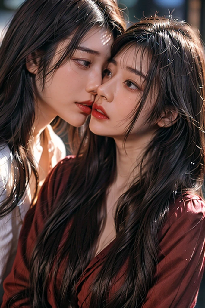 (Romantic and passionate kiss scene from the movie),(Best quality, cinematic, Better lighting and shadow),(Close-up, extreme Close-up),(1 girl and 1 boy),(long hair:1.2+suit),(Red lipstick:1.4+black hair), Romantic music, blurred background
