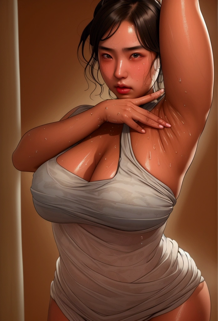 ((Sweat dripping, very sweaty, sweaty)), (Highest quality,Very detailed,Realistic:1.37),(Portraiture,Studio Lighting),(oil),(Wrinkled armpits,Sweaty,Body Positivity),(Chubby girl),(Korean Goddess),(Giant Goddess Shot),(Thick arms),(Broad shoulders),(Curved body),(Glowing Skin),(High Contrast),(Vibrant colors),(Muscular legs),(Confident posture),(Colorful background),(Dynamic configuration),(Soft Shadows),(Dramatic lighting), ((Brown Skin:1.4)),((Large Breasts:1.3)),((Sweaty:1.3)), Japanese Goddess、Korean Goddess、