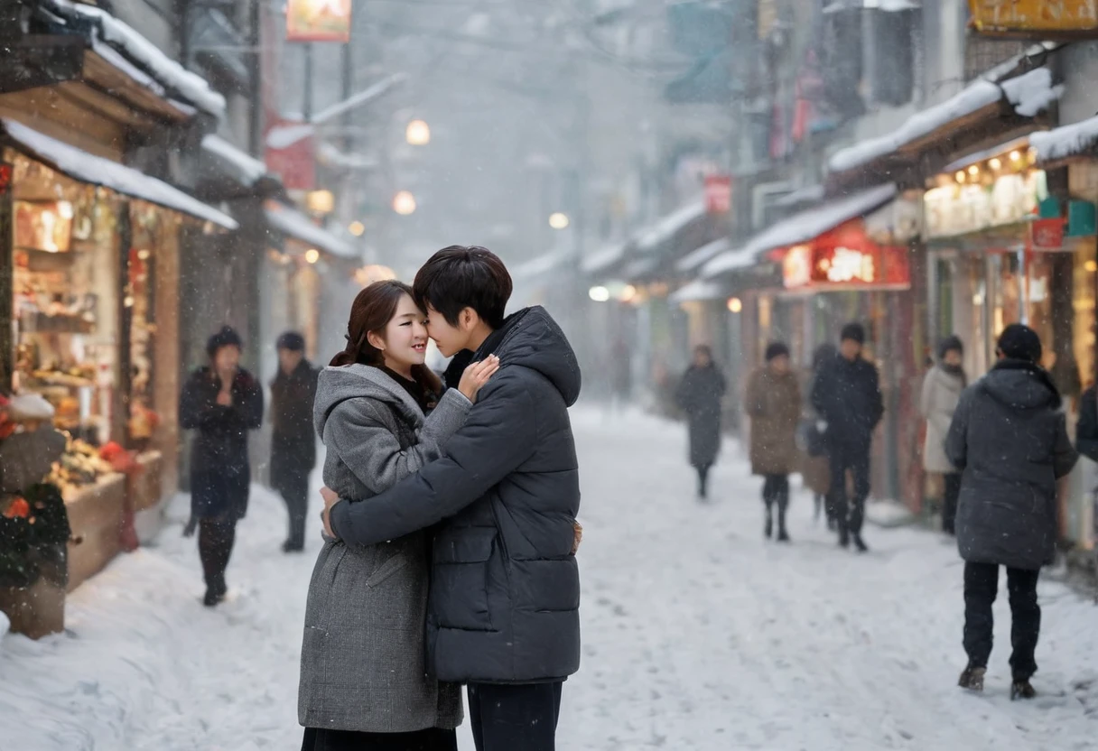 Romantic K-Drama photography style, korean,best quality,8K,high resolution,Very detailed,very clearly,Snowy Days,Commercial Street,(Many fashionable boys and girls are shopping),(Warm and lively atmosphere), Delicate texture,Smooth visible velvet,Wear pearl jewelry,High-end decoration,The male and female protagonists hugs,People around cheered and applauded