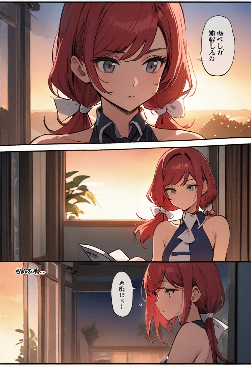 ((comic strip, speech bubbles, manga)), (masterpiece, best quality), 1girl, stoic, sitting on windowsill and reading book, beautiful face, upper body, close up, Gray eyes, red hair, swept bangs, low twin tails, white ribbons, sleeveless halter neck backless white collared shirt, dark blue necktie, dark blue skirt, small breasts, toned arms, sunrise, fluttering curtains, hallway, potted plants