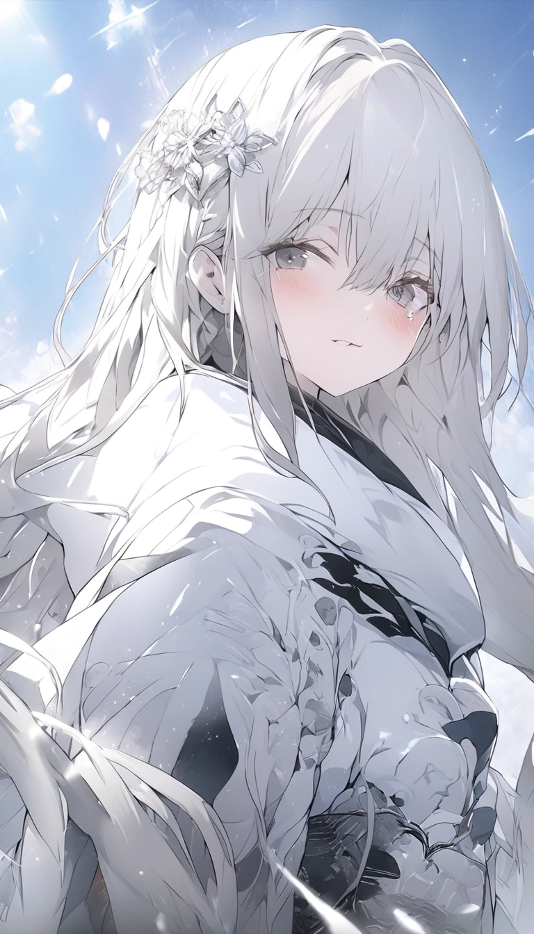 High frame rate，masterpiece,Highest quality,Official Art,Highly detailed CG Unity 8k wallpaper, Monochrome Color, Red Art, grayscale、masterpiece、Highest quality、Best image quality、Straight Hair、Droopy eyes、cute、How bright it is when you cry、uniform、Wind、