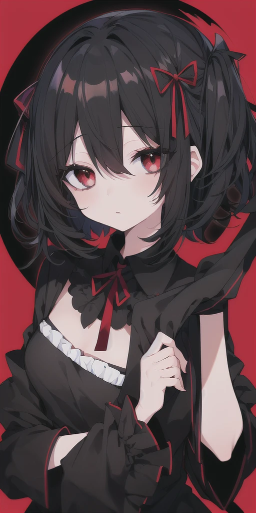 Black Hair,Bob,Dark Eyes,Black dress,A red ribbon on her head