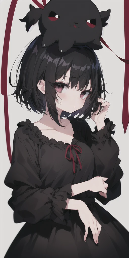 Black Hair,Bob,Dark Eyes,Black dress,A red ribbon on her head