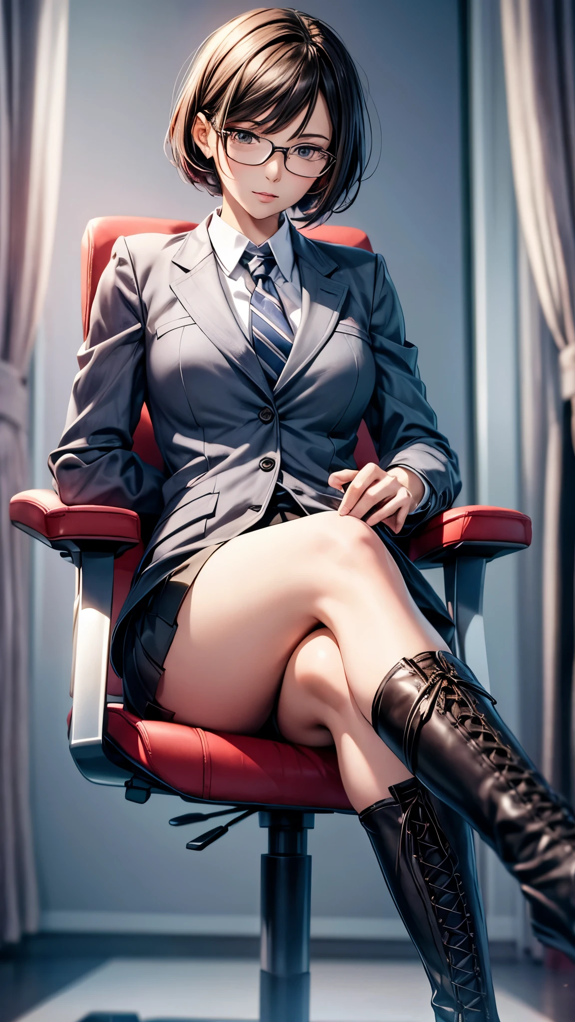 One 30 years old woman,very short hair,glasses,office casual style,suits,tight skirts,pantyhose,((lace up long boots)),sitting on the chair.