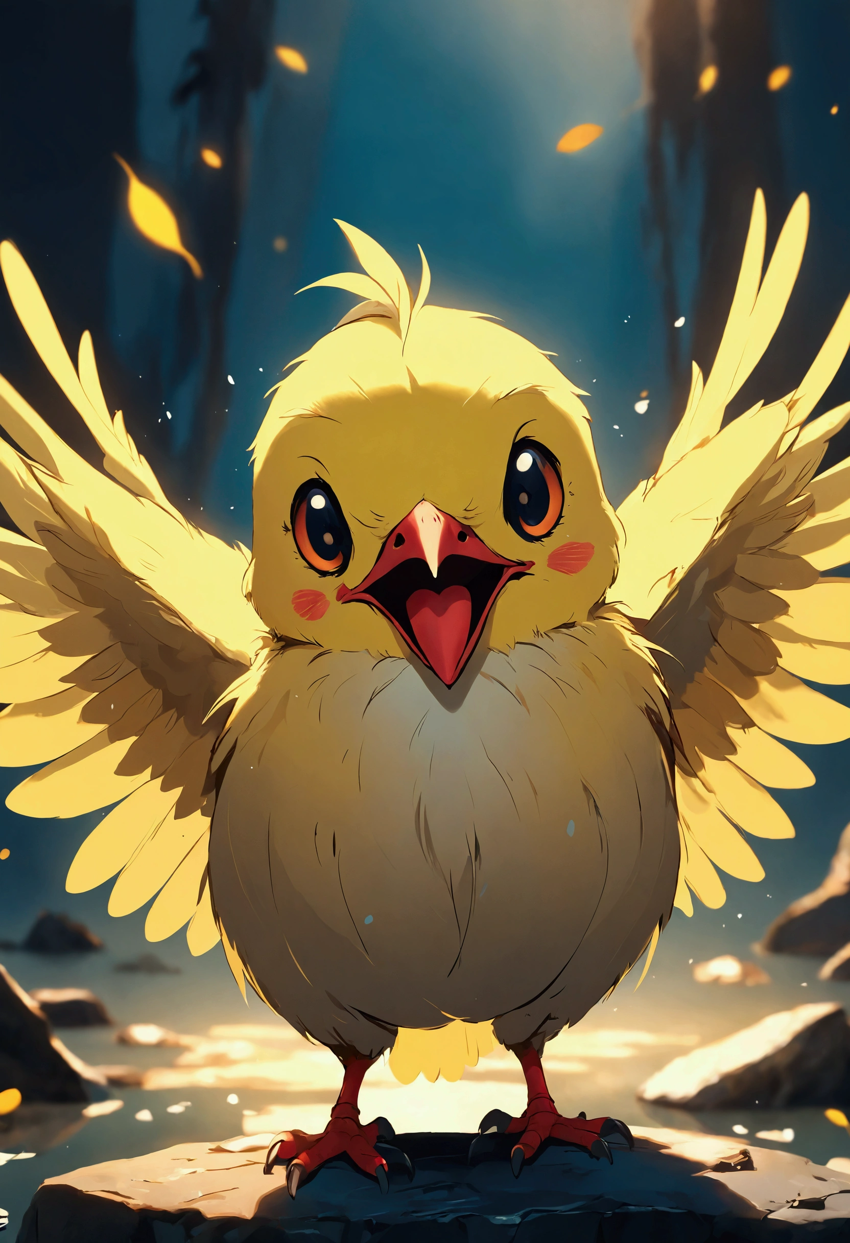A cute little bird,yellow body,red mouth,simple background,cute expression, the eye on the right is light blue and the eye on the left is light gray.