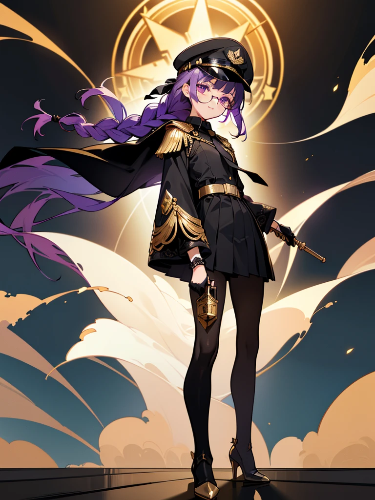 realisitic, City Deserted, Pile of rubble, Brick building, a one woman (18 years old, far away blackw hair, far away slits, Eyes red, glare eyes, 精致的面容, standing (In floor, feet shoulder-width apart), Lolita style military uniform (blackw base, Red Insert, golden decoration, volantes, wide sleeves, dainty and delicate detailing armors), blackw far away gloves (blackw, Red Insert, golden decoration, small hands, armors), blackw far away gloves, knee high boots (blackw, high-heels, red soles), ha (blackw, aba dourada, shield emblem, delicate details), arms in front, Front of belly, Holding military swords with both hands (blackw, golden decoration, delicate detail, Handle at the top, Ground-facing blade, in front of the body, far away), night sky (blackw, stele, Increased flames and smoke) Pale painting style, One Girl, super high quality, Super Detail, Super Detailed image, long hair, looking at viewer, skirt, shirt, hair ornament, violet eyes, gloves, round glasses, long sleeves, hat, closed mouth, jacket, violet hair, braid, ????????????, necktie, black gloves, black skirt, uniform, single braid, open jacket, black jacket, black headwear, 手链, Peaked cap, black necktie, cropped jacket, military hat, pantyhose, Flat ?????, smile, Black Cape