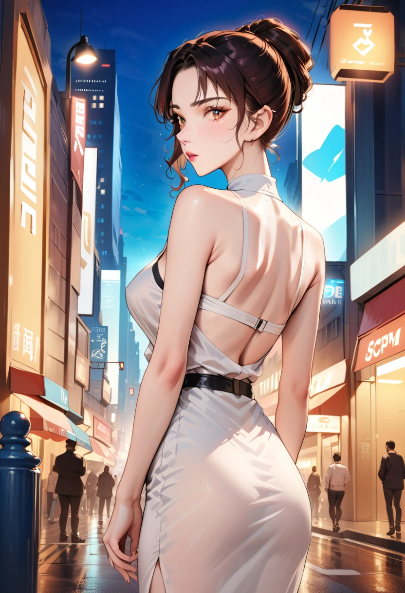 (best quality,4k,8k,highres,masterpiece:1.2),ultra-detailed,realistic,photorealistic:1.37,a woman in white dress and black top posing for a photo on the street at night,city street background,blue background,blue foreground,depth of field,from behind,looking at the audience,glancing back,dress,a woman standing at a street corner wearing a black top and white dress,high neck and black belt,city lights,lamp,motion blur,nighttime,decorated