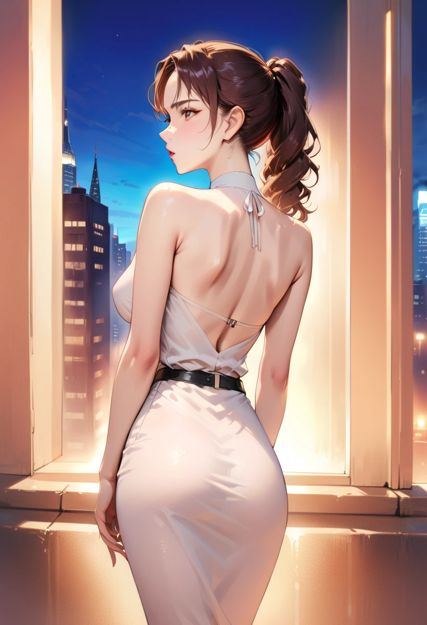 (best quality,4k,8k,highres,masterpiece:1.2),ultra-detailed,realistic,photorealistic:1.37,a woman in white dress and black top posing for a photo on the street at night,city street background,blue background,blue foreground,depth of field,from behind,looking at the audience,glancing back,dress,a woman standing at a street corner wearing a black top and white dress,high neck and black belt,city lights,lamp,motion blur,nighttime,decorated