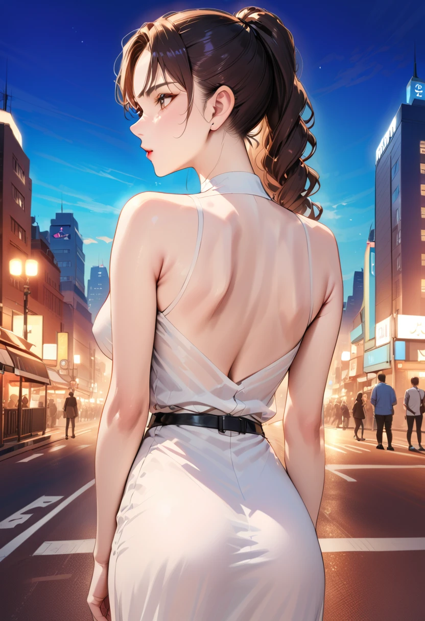 (best quality,4k,8k,highres,masterpiece:1.2),ultra-detailed,realistic,photorealistic:1.37,a woman in white dress and black top posing for a photo on the street at night,city street background,blue background,blue foreground,depth of field,from behind,looking at the audience,glancing back,dress,a woman standing at a street corner wearing a black top and white dress,high neck and black belt,city lights,lamp,motion blur,nighttime,decorated