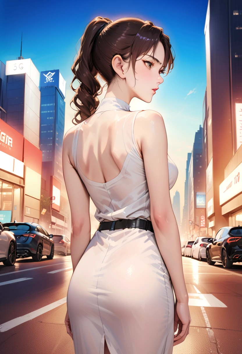 (best quality,4k,8k,highres,masterpiece:1.2),ultra-detailed,realistic,photorealistic:1.37,a woman in white dress and black top posing for a photo on the street at night,city street background,blue background,blue foreground,depth of field,from behind,looking at the audience,glancing back,dress,a woman standing at a street corner wearing a black top and white dress,high neck and black belt,city lights,lamp,motion blur,nighttime,decorated