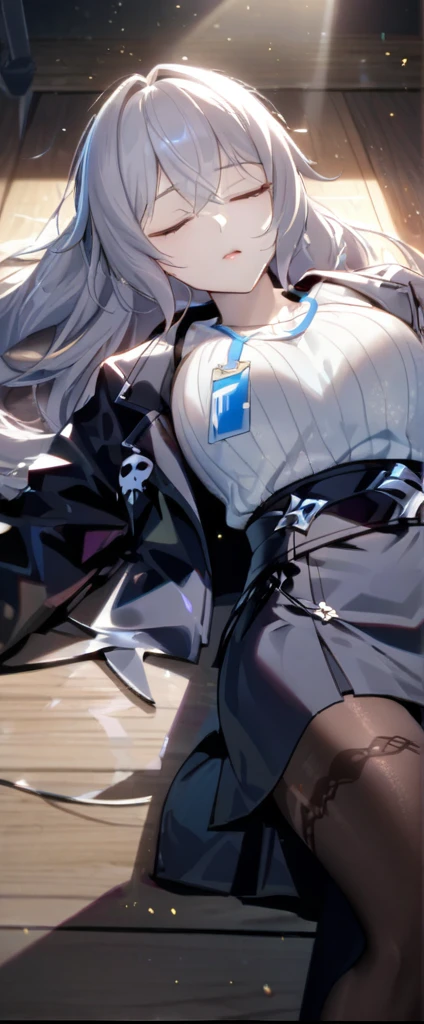 Dramatic composition, gorgeous, maximalism, delicate portrayal of hair, cinematic light, extreme detail, high definition, light particles, (closed eyes:1.3), dead, death, (expressionless:1.4), (teeth:0.9) (lying:1.2) (lying on the back:1.2), wooden floor, bronya-OL2, suit jacket, thighband pantyhose, gloves, id card, high heels, high-waist skirt, ribbed sweater, (open mouth:1.1)