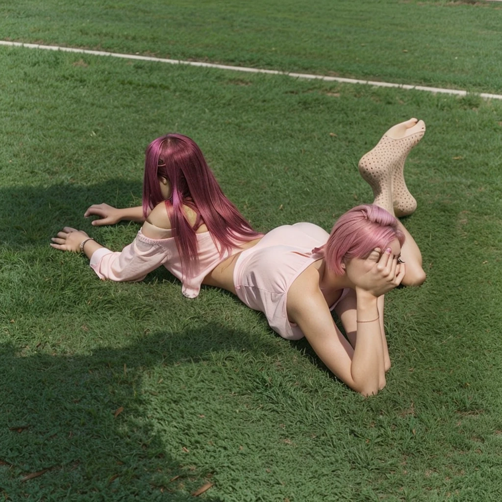 girl 21 years old, short shoulder-length hair, pink hair ,