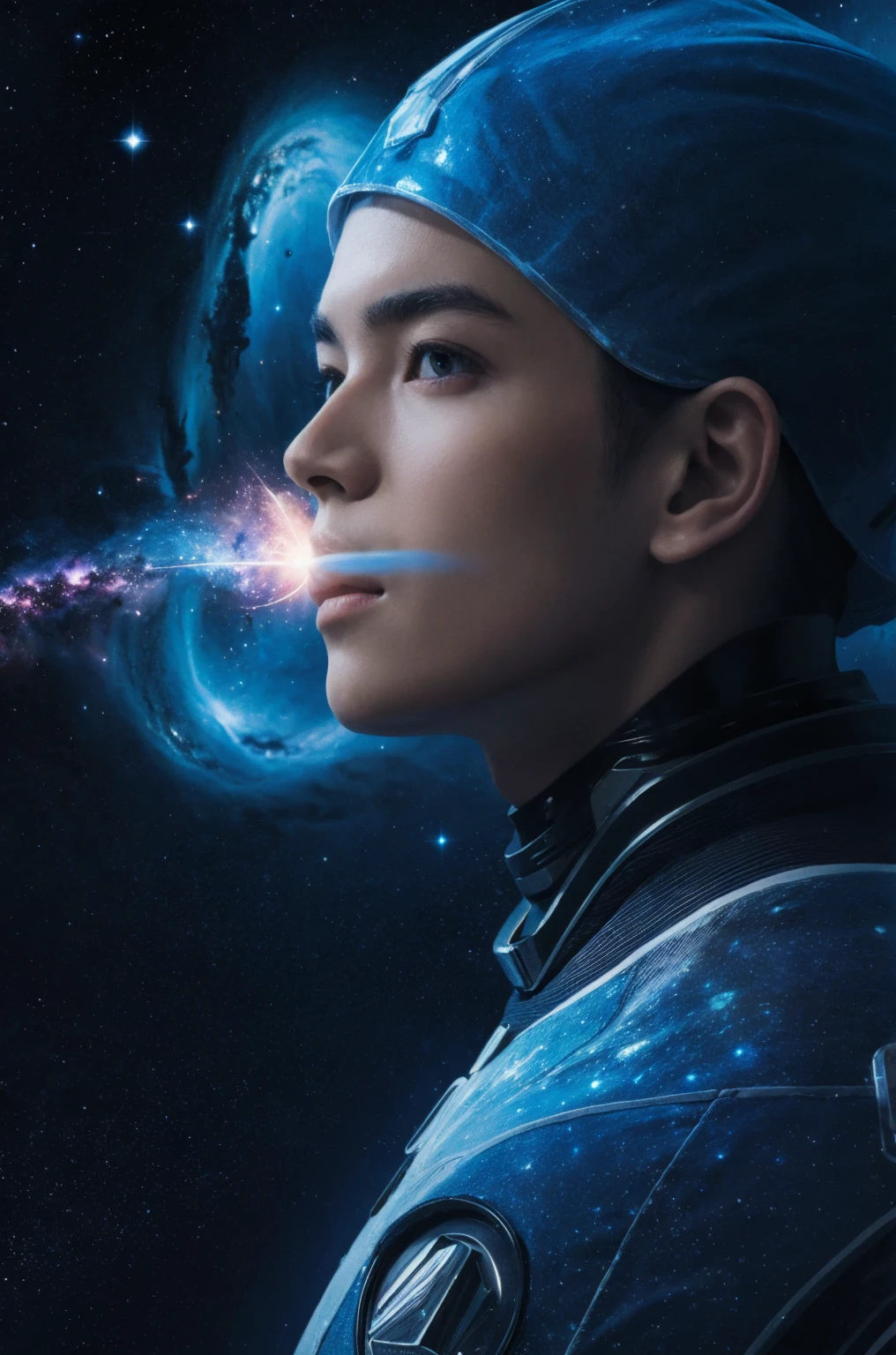 (best quality, masterpiece),Detailed,1boy,astronaut,complex portrait of a sci-fi Borg floating in outer space,nebula,galaxy,Looking forward,(cybernetic limb:0.7),