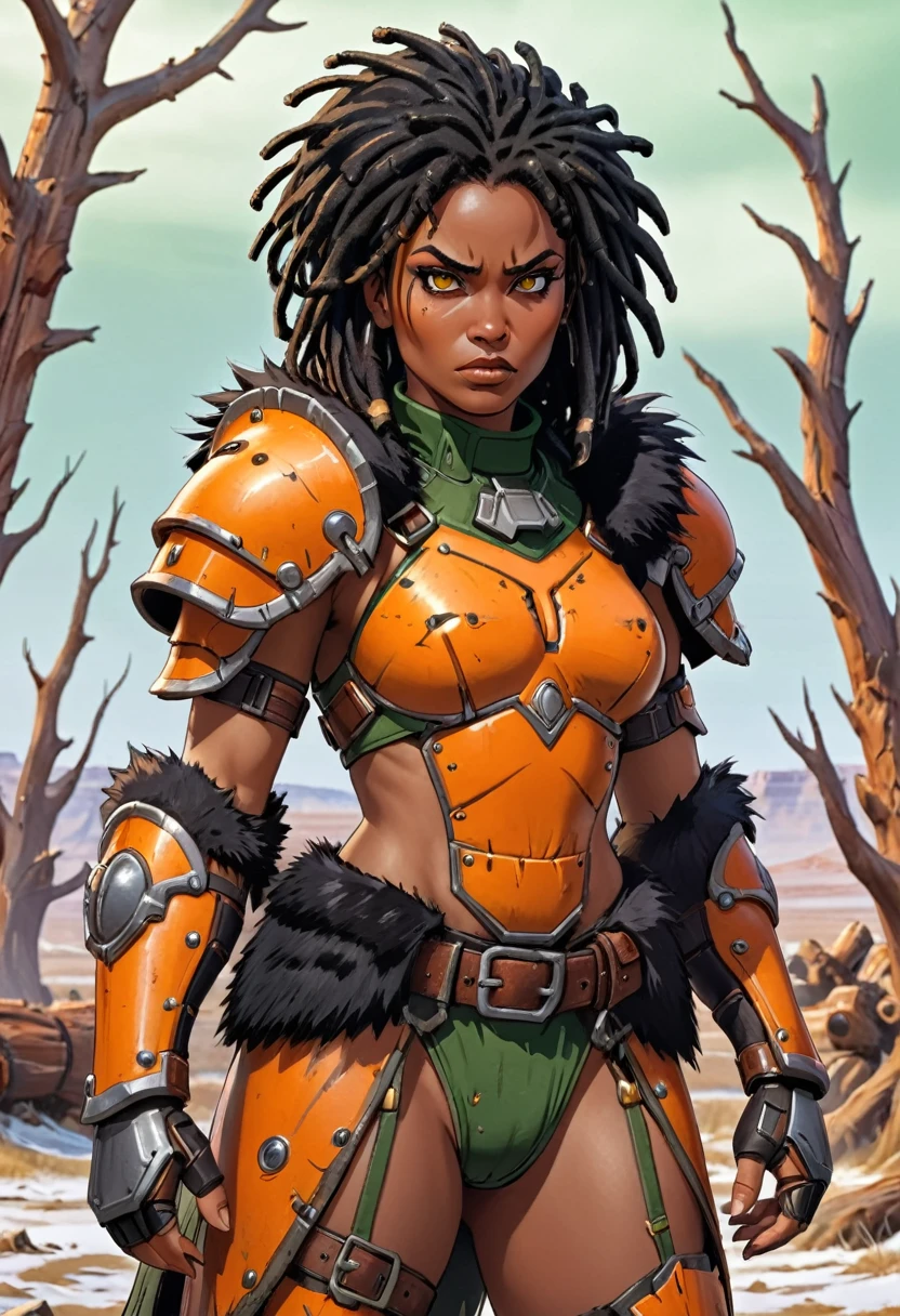 close up of African woman with (short black dreadlocks), short black hair pulled back, wearing a (heavy orange mechanical armor, with fur trim:1.3), chipped paint (orange power armor covering her chest and arms), (orange breast plate:1.1) with large (round orange shoulder pads:1.1), fur trim, dark green tight undersuit. (detailed eyes, detailed face), dark skin. (barbarian fur loincloth:1.3), (fur belt, fur boots:1.2),(fur trim:1.2). Badlands background with dead trees. super high quality, super high detail, masterpiece, 4k, 8k, HDR, masters of the universe. Frowning expression, serious expression, glaring at the camera. Show her fighting, dynamic exaggerated pose, (fighting stance, fighting, movement:1.2)
