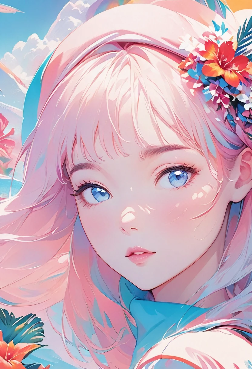 Hawaiian Asian Art and Illustration、posters、magazine cover、flyers、postersart,Sporty minimalist style,fuzzy form,female beauty,Light red and light black,life-like avian illustrations,close up,pastel gradients
