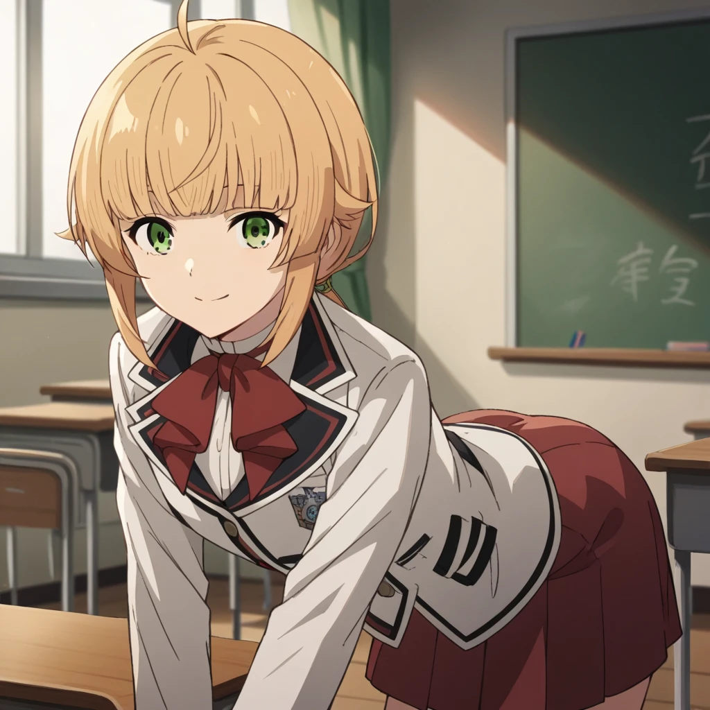 score_9, score_8_up, score_7_up, source_anime,
norngreyrat, norn greyrat, bangs, blonde hair, green eyes, ahoge,
long sleeves, bow, , jacket, bowtie, red bow, skirt, red skirt, white jacket,
indoors, classroom, bent over, smile,
solo, dutch angle, looking at viewer, cowboy shot,