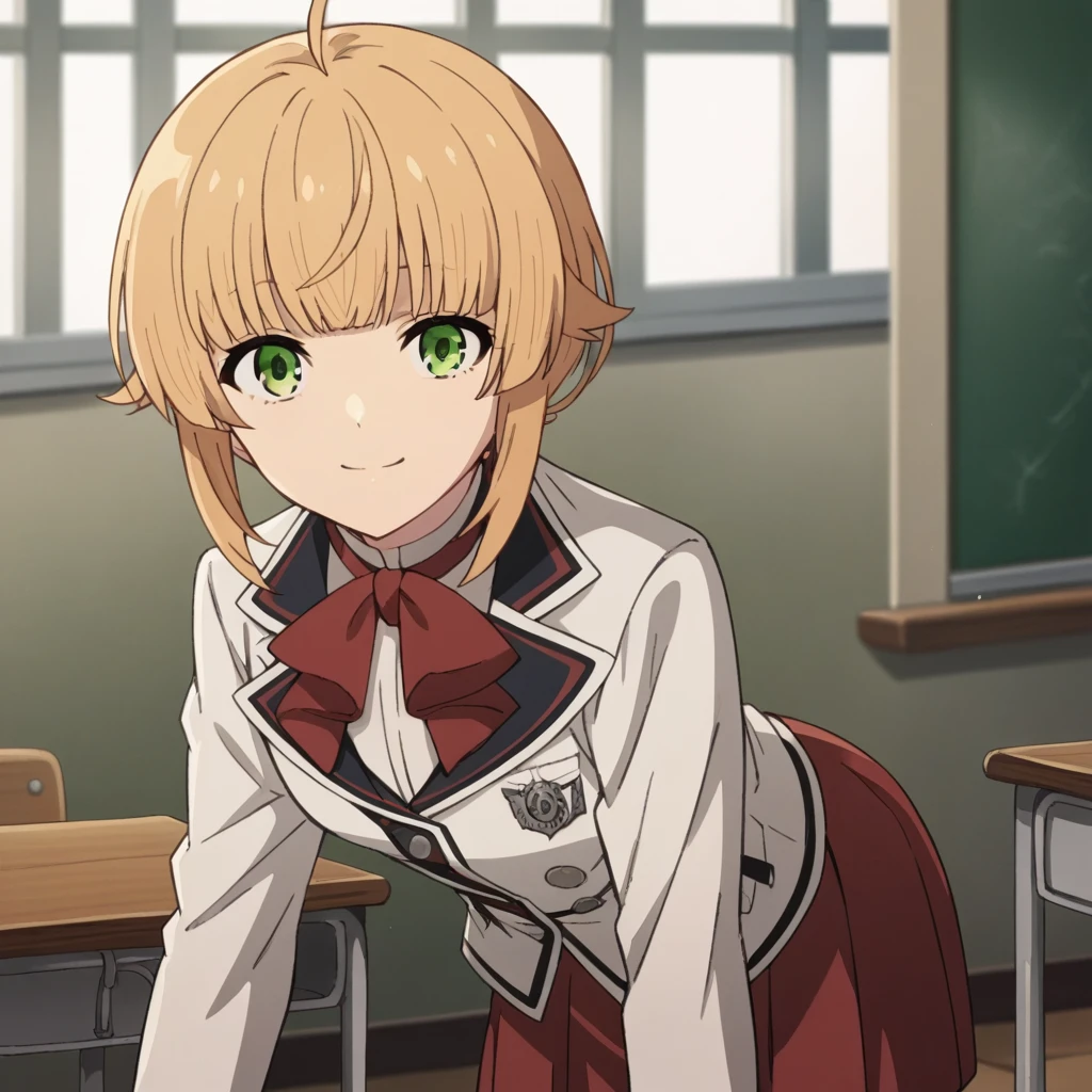 score_9, score_8_up, score_7_up, source_anime,
norngreyrat, norn greyrat, bangs, blonde hair, green eyes, ahoge,
long sleeves, bow, , jacket, bowtie, red bow, skirt, red skirt, white jacket,
indoors, classroom, bent over, smile,
solo, dutch angle, looking at viewer, cowboy shot,