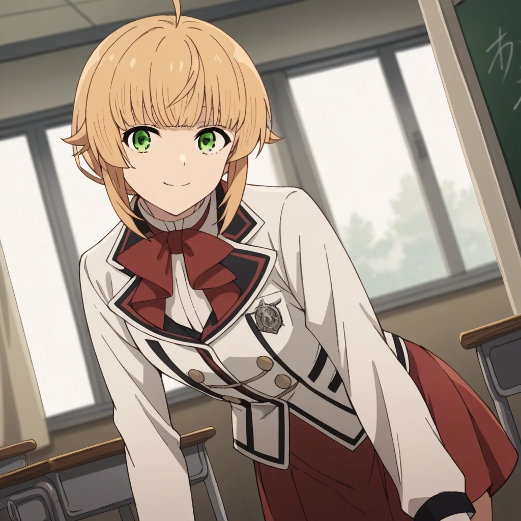 score_9, score_8_up, score_7_up, source_anime,
norngreyrat, norn greyrat, bangs, blonde hair, green eyes, ahoge,
long sleeves, bow, , jacket, bowtie, red bow, skirt, red skirt, white jacket,
indoors, classroom, bent over, smile,
solo, dutch angle, looking at viewer, cowboy shot,