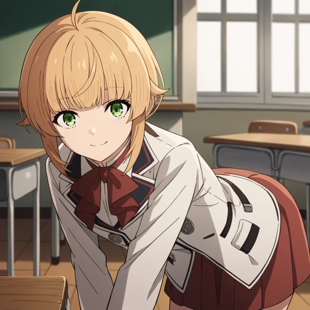 score_9, score_8_up, score_7_up, source_anime,
norngreyrat, norn greyrat, bangs, blonde hair, green eyes, ahoge,
long sleeves, bow, , jacket, bowtie, red bow, skirt, red skirt, white jacket,
indoors, classroom, bent over, smile,
solo, dutch angle, looking at viewer, cowboy shot,