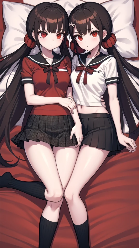 Two chubby girls with black hair and freckles dressed as Sailor Mars, wearing red high heels and white gloves, making love　barefoot　Comiket Venue