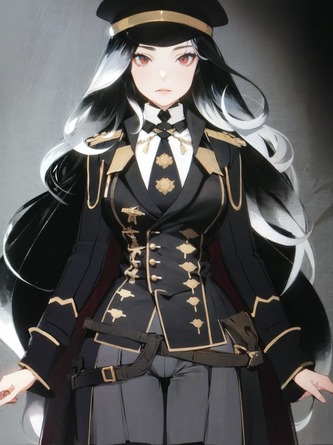 She is a military general, her hair is black and white, it is mix with curly and straight hair, add in some red streaks.