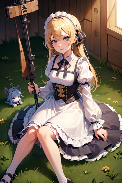 ((Highest quality:1.6)), ((masterpiece)), (detailed), (Perfect Face), (detailedなイラスト:1.6), (Ultra-high resolution:1.6), girl, Concentrated face, cute, Blonde, Small breasts, Black and white maid outfit, Blue ribbon, White apron, Gothic maid outfit, Long, Above the Battlements, On the wall, Defend the castle, European Castles(Sniperrifleで狙撃:1.6), Sniper, Sniper, ロングレンジrifle, Sniperrifleを構えてる, rifle, gun,