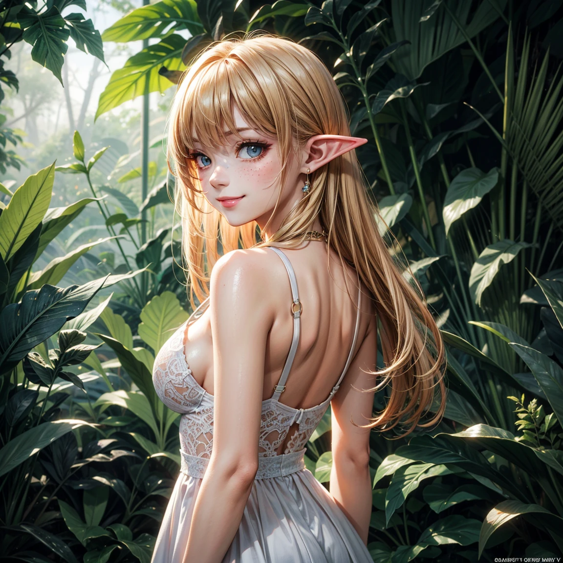 (High Detail:1.2) Anime Girl, (Best quality, Detailed), (dark, smile, gravelly:1.3, dark:1.2), 1girl, (solo), elf, long pointed ears, long bushy hair, light gold hair, dark blue eyes, freckle, white skin, sinister, intense look, background dark, Volumetric light, hyper realistic, super detailed, Dynamic pose, (medium breasts), white dress, body view, jungle.
