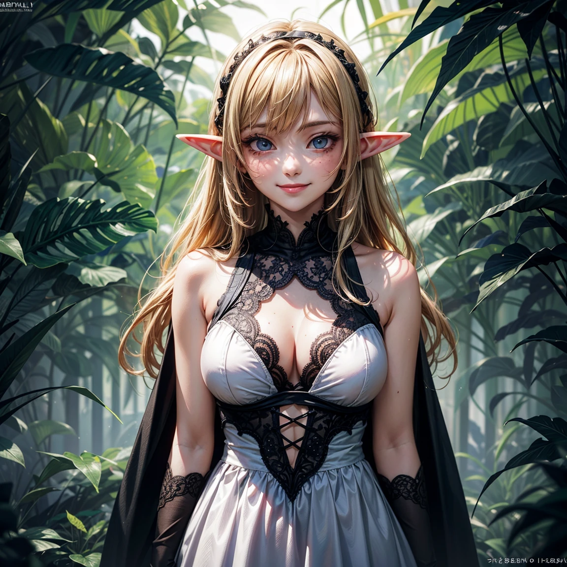 (High Detail:1.2) Anime Girl, (Best quality, Detailed), (dark, smile, gravelly:1.3, dark:1.2), 1girl, (solo), elf, long pointed ears, long bushy hair, light gold hair, dark blue eyes, freckle, white skin, sinister, intense look, background dark, Volumetric light, hyper realistic, super detailed, Dynamic pose, (medium breasts), white dress, body view, jungle.