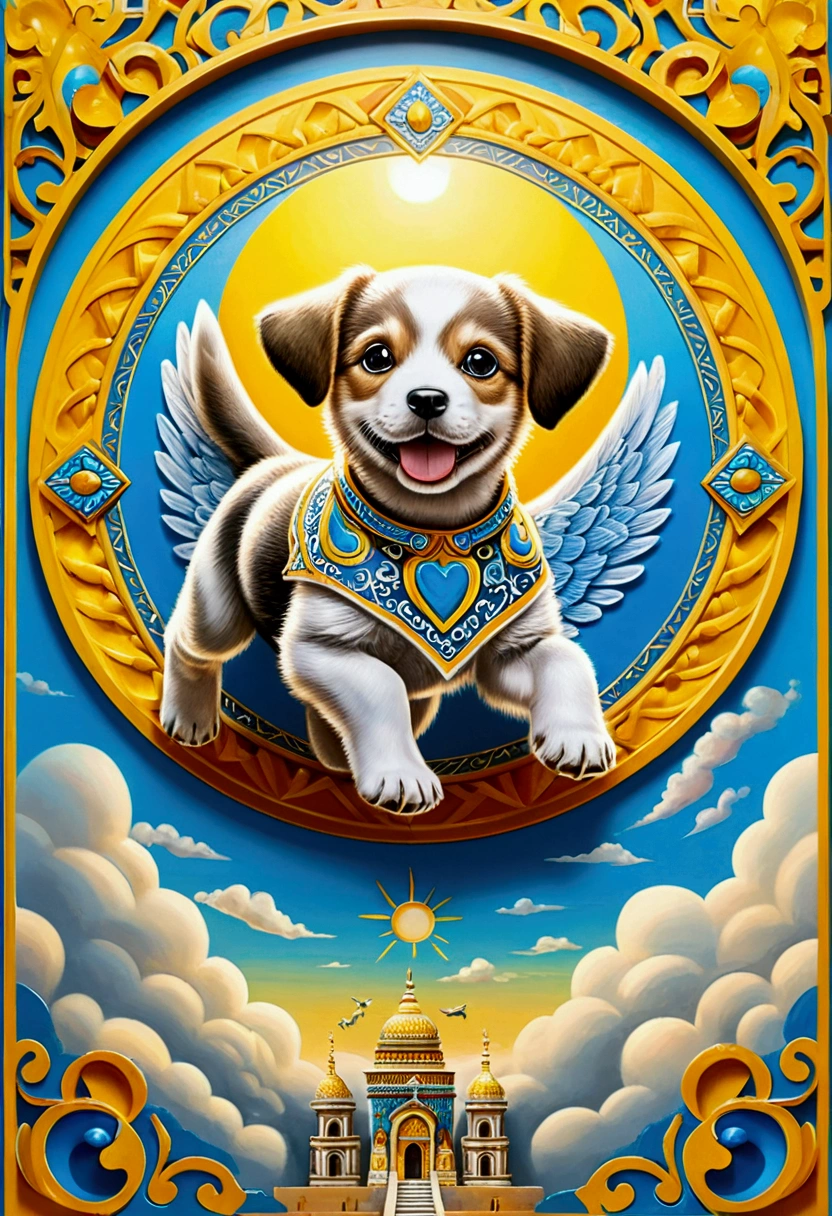 (Flying Puppy), sky, in Folk Art style, featuring (sky blue and sun yellow) traditional motifs, full body, award-winning, cinematic still, emotional, vignette, dynamic, vivid, (masterpiece, best quality, Professional, perfect composition, very aesthetic, absurdres, ultra-detailed, intricate details:1.3)​