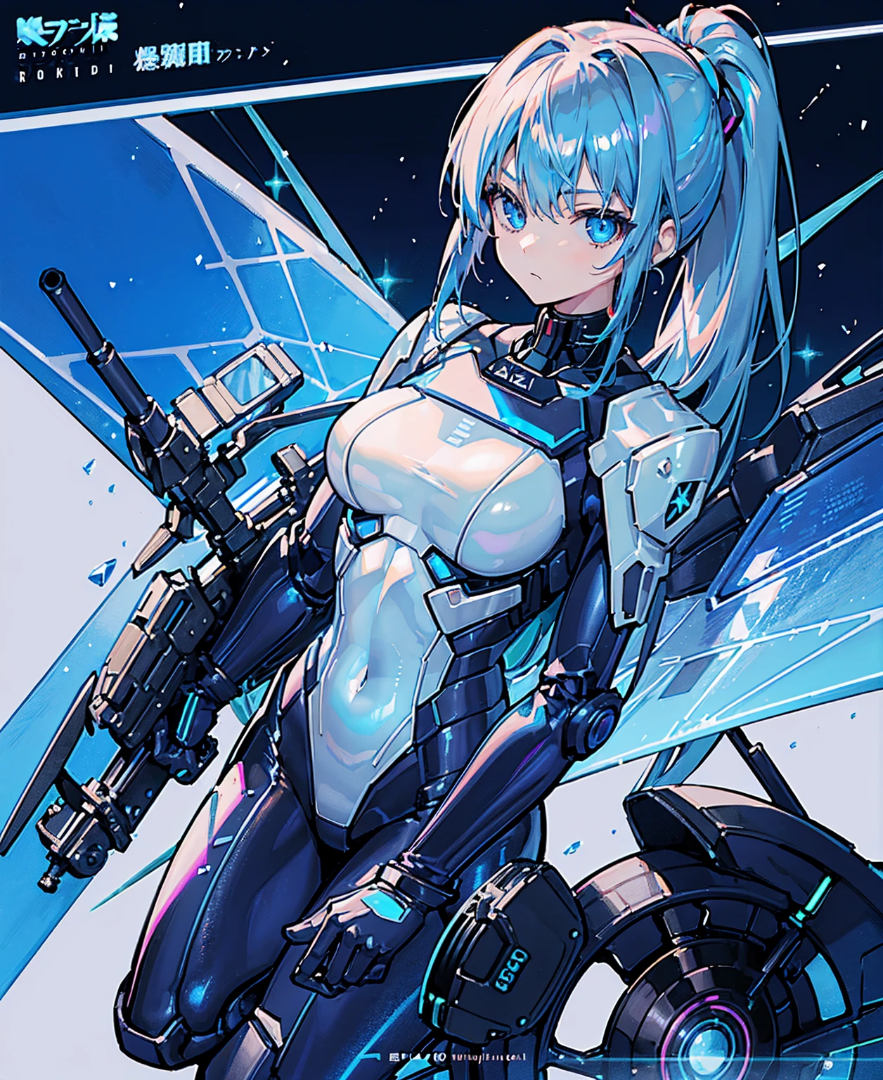 ((Holographic glow effect)),Blue Hair、Masterpiece、Best Quality、1 girl、Medium breast、((Album cover))、Light on Face、Slim Body、Blue Costume、Exoskeleton、metal Gear、Cyberpunk Style、ponytail、The Gundam pilot、attention arousal，Ride a fighter