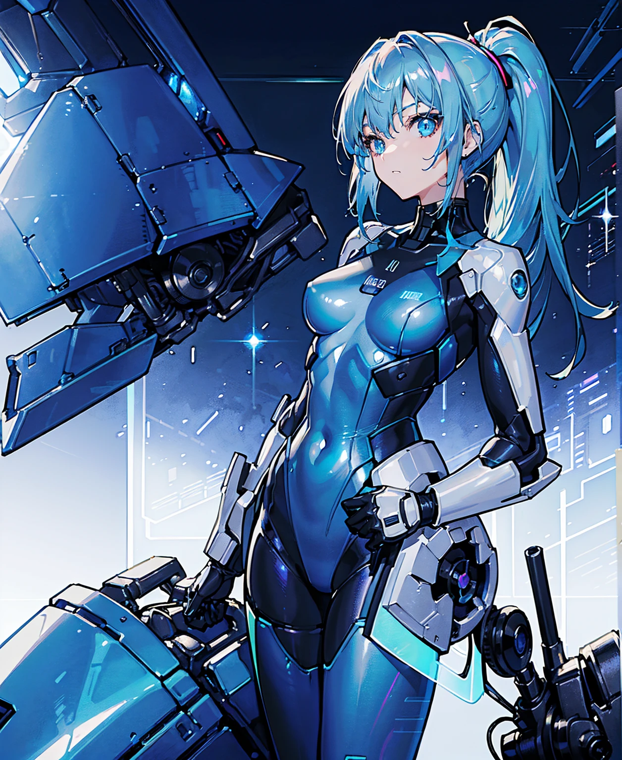 ((Holographic glow effect)),Blue Hair、Masterpiece、Best Quality、1 girl、Medium breast、((Album cover))、Light on Face、Slim Body、Blue Costume、Exoskeleton、metal Gear、Cyberpunk Style、ponytail、The Gundam pilot、attention arousal,Ride a fighter